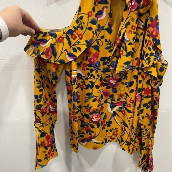 Tanya Taylor Adrienne Kimono Floral Silk Top Blouse in Marigold Cold Shoulder 2 - Picture 6 of 14